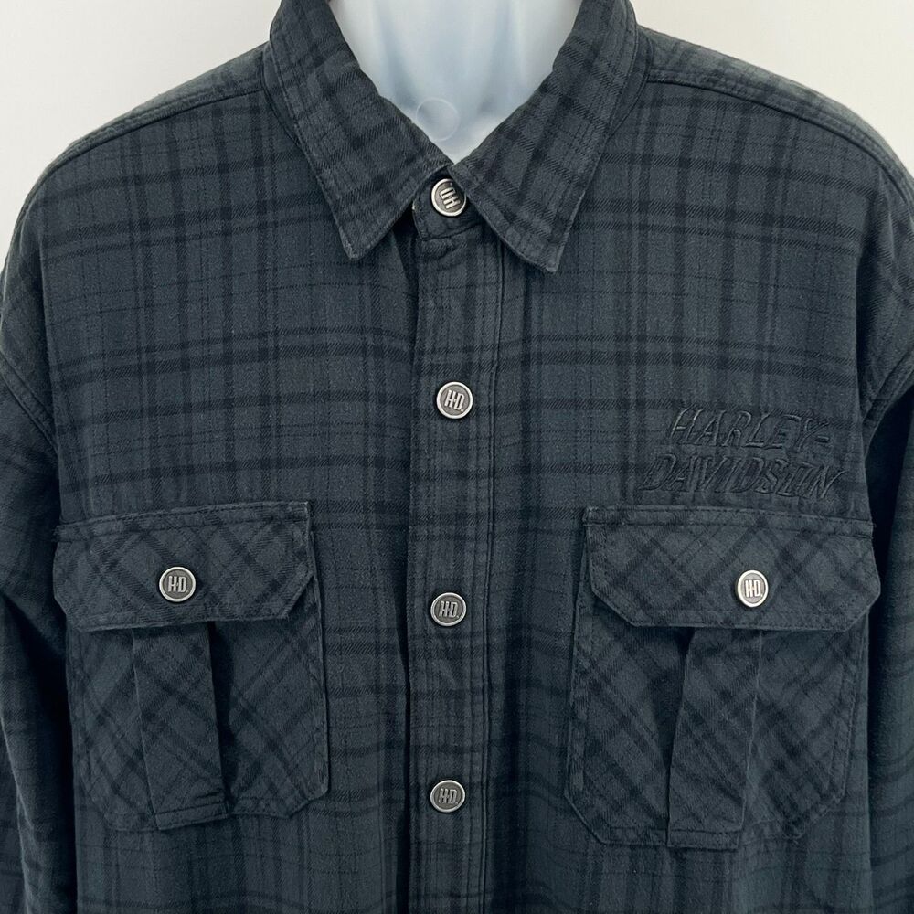 Harley Davidson Flannel Shacket Mens 2XL Plaid Button Down Jacket Biker Grunge